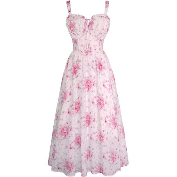 Dresses & Skirts - Women Floral Corset Dress, Long Dress Light Pink